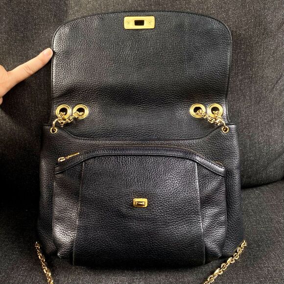 MCM Black Pebbled Leather Logo Charm Studded Convertible Chain Strap Flap Bag - Picture 6 of 16